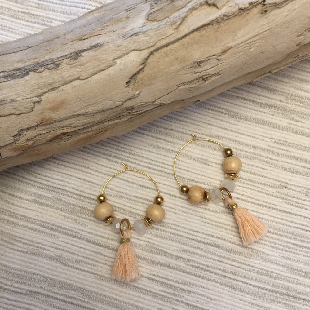 Tassel wood bead pink tassel hoops